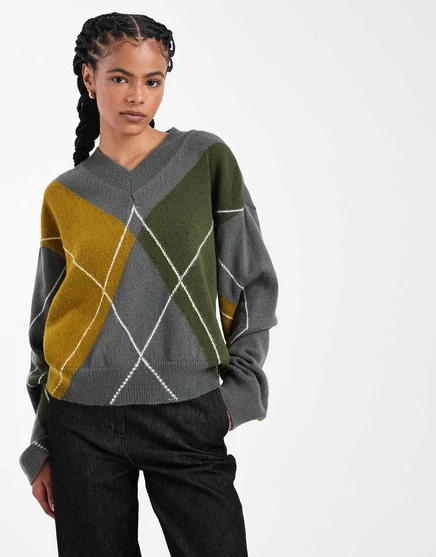 Вязаный свитер ASOS DESIGN argyle с V-образным вырезом зеленого цвета multi