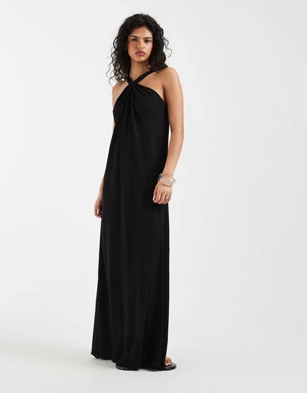 Макси-платье Vero Moda с узлом на шее и бретелькой через шею черного цвета black