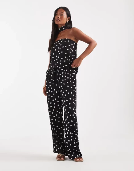 Женские брюки Vero Moda Petite широкие в горох, черно-белые