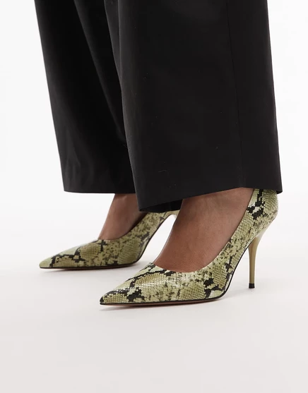Туфли-лодочки на высоком каблуке-шпильке ASOS DESIGN Perth с острым носком и зеленой змейкой green snake