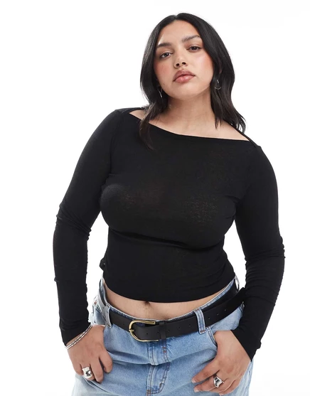 Топ с длинным рукавом и вырезом лодочкой из текстурированной сетки ASOS DESIGN curve черного цвета black