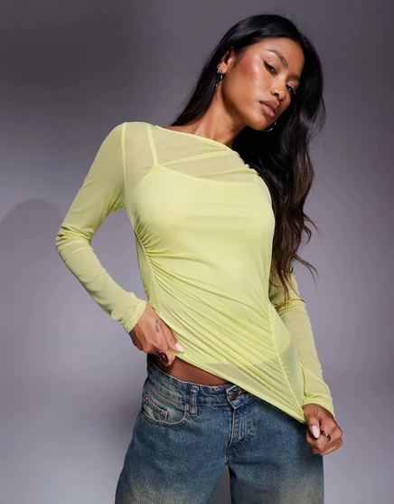 Сетчатый топ River Island с вырезом лодочкой и рюшами светло-зеленого цвета light green