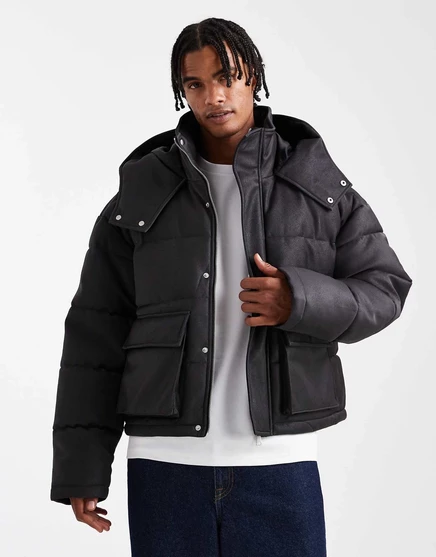 ДИЗАЙНЕРСКИЙ пуховик ASOS DESIGN oversize из искусственной кожи черного цвета black