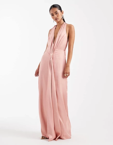 Атласное макси-платье с глубоким вырезом на шее и кисточками TFNC Bridesmaid Tiv розового цвета pink