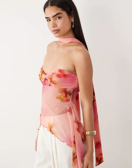 ASOS DESIGN прозрачное твист-платье с цветочным принтом, асимметричное бандо с цветочным принтом