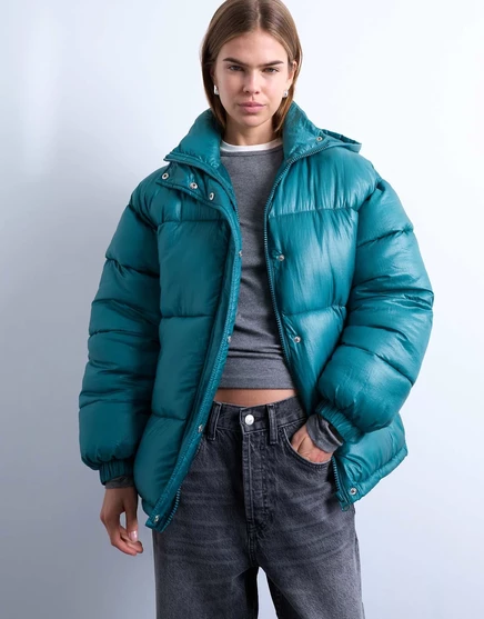 Женская стёганая куртка TopShop блестящая, бирюзовая