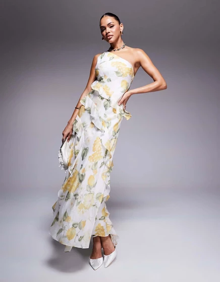 Новое макси-платье с оборками на одно плечо желтого цвета в цветочек yellow floral