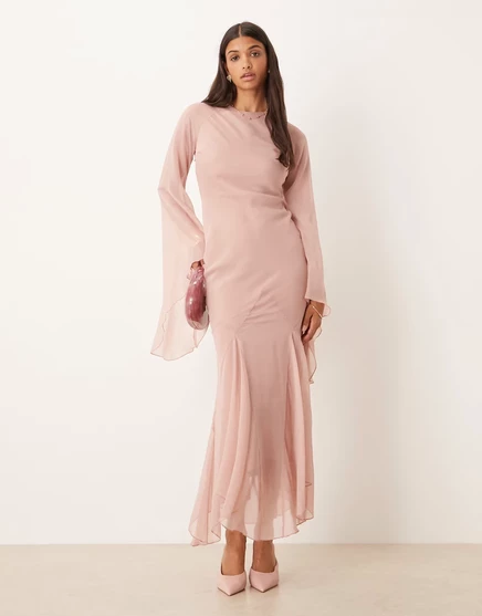 Макси-платье ASOS DESIGN extreme с оборками на рукавах и юбкой-вставкой godet нежно-розового цвета