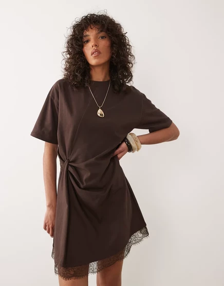 Женское платье ASOS Design с запахом и кружевом, шоколадное