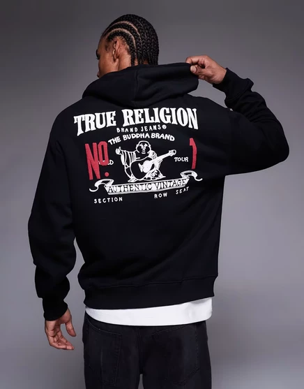 Толстовка с капюшоном True Religion на молнии с логотипом и принтом сзади черного цвета черный