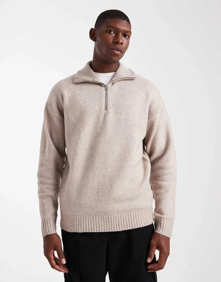 Серый пушистый свитер Jack &Jones с застежкой-молнией на четверть дюйма atmosphere
