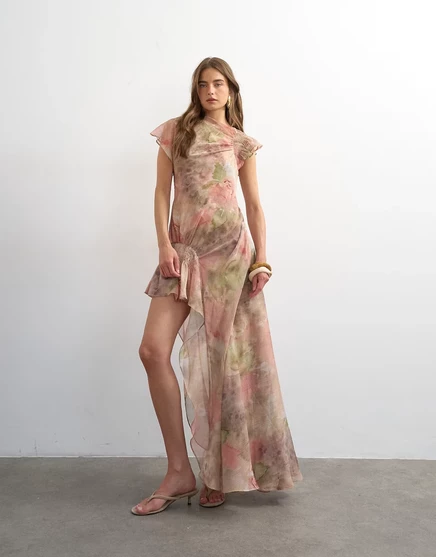 Премиальное шифоновое макси-платье Topshop с высокой посадкой из шифона премиум-класса, выполненное в акварельно-цветочном стиле