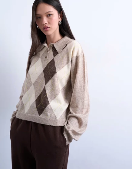Футболка-поло из тонкого трикотажа Topshop argyle цвета овса