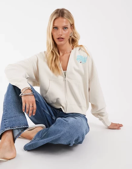 Женская худи Hollister на молнии с принтом на спине, кремовая
