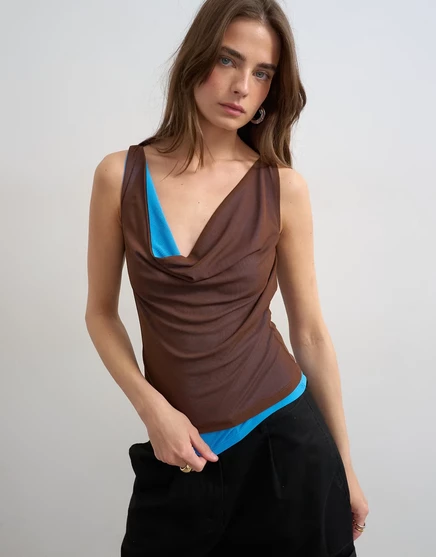 Женский двухслойный сетчатый топ TopShop с хомутом, коричнево-синий