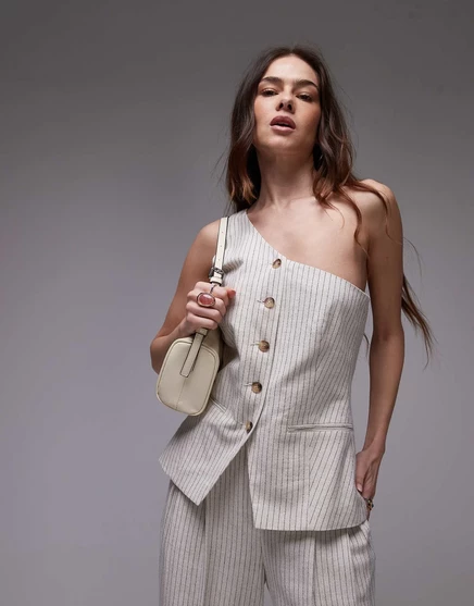 Льняной топ кремового цвета в полоску с одним плечом от Topshop - часть комплекта cream