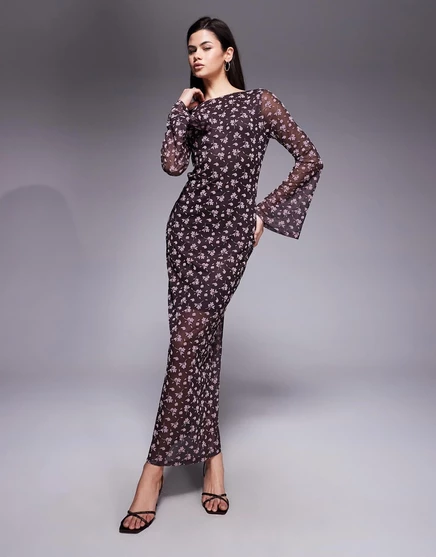 ДИЗАЙНЕРСКОЕ макси-платье ASOS с цветочным принтом и гофрированными рукавами шоколадного цвета chocolate