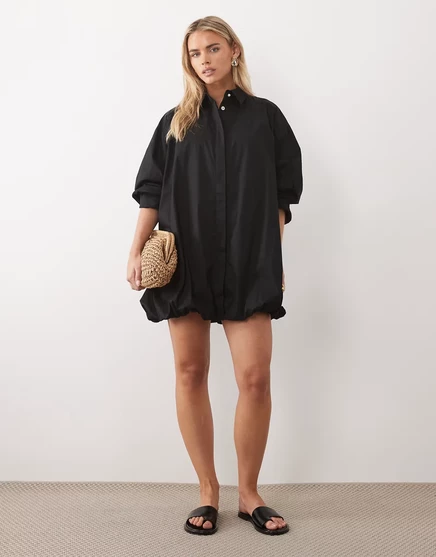 Миниатюрное мини-платье-рубашка ASOS DESIGN с широкими манжетами и пышным низом черного цвета black