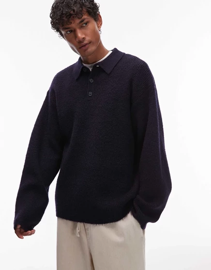 Трикотажная рубашка поло Topman oversize fit темно-синего цвета navy