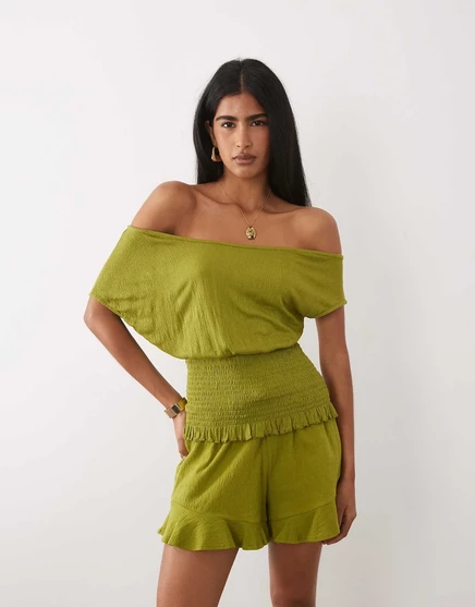Женский топ ASOS Design жатый с открытыми плечами, зеленый