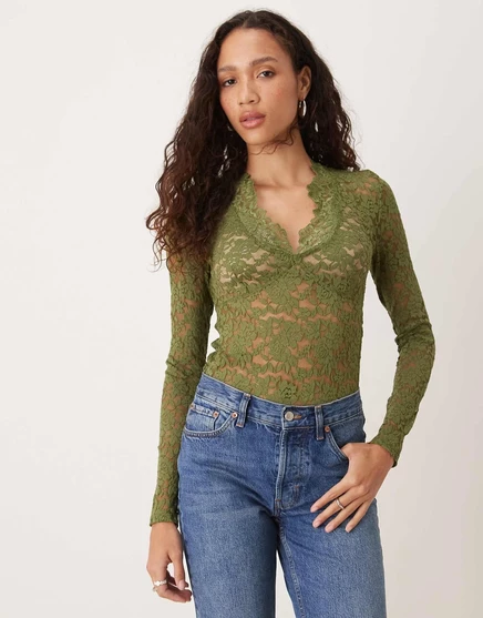 Женский кружевной топ Free People с длинными рукавами, зеленый