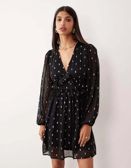 Мини-платье VILA с v-образным вырезом из черной и серебристой фольги black w. detail foil
