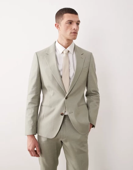 ДИЗАЙНЕРСКИЙ пиджак-скинни ASOS из льняного полотна цвета шалфея rich sage