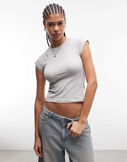 &Other Stories приталенный топ из джерси с круглым вырезом горловины и короткими рукавами серого цвета gray