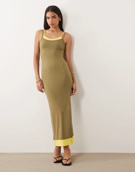 Женское макси-платье ASOS Design двуслойное, хаки и кремовый