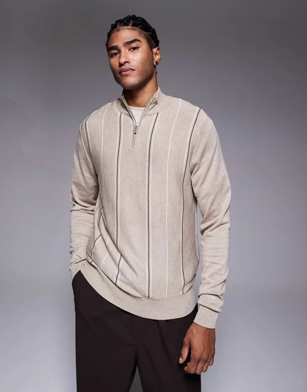 Вязаный полосатый свитер на молнии River Island из камня stone