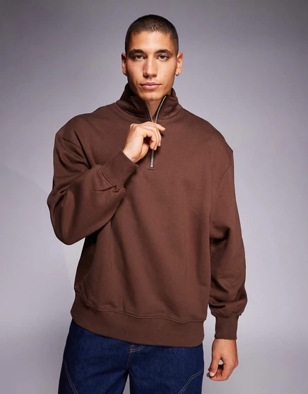 Толстовка ASOS DESIGN premium оверсайз с застежкой на четверть молнии коричневого цвета плотностью 400 г/м2