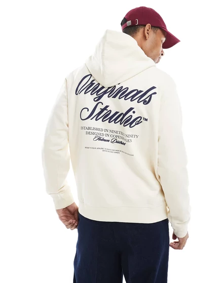 Объемная толстовка с капюшоном Jack &Jones с оригинальным принтом на спине темно-белого цвета antique white