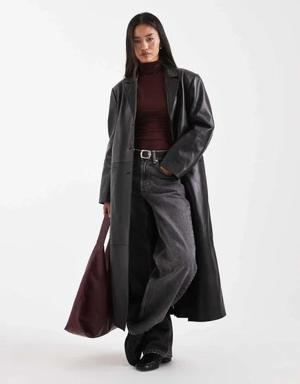 ДИЗАЙНЕРСКОЕ удлиненное пальто для папы из натуральной кожи ASOS черного цвета black
