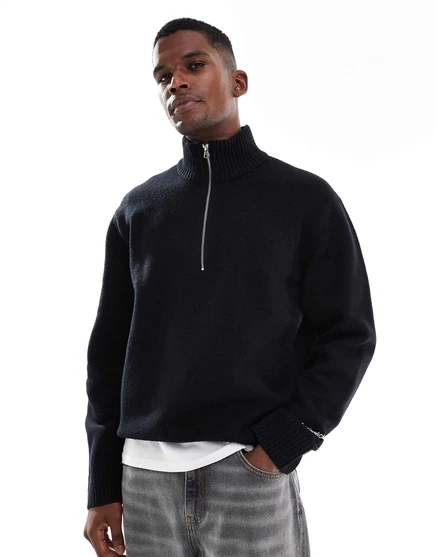 Толстый свитер Jack &Jones oversize на молнии 1/4 черного цвета black