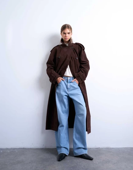Женский длинный тренч TopShop из искусственной замши, шоколадный