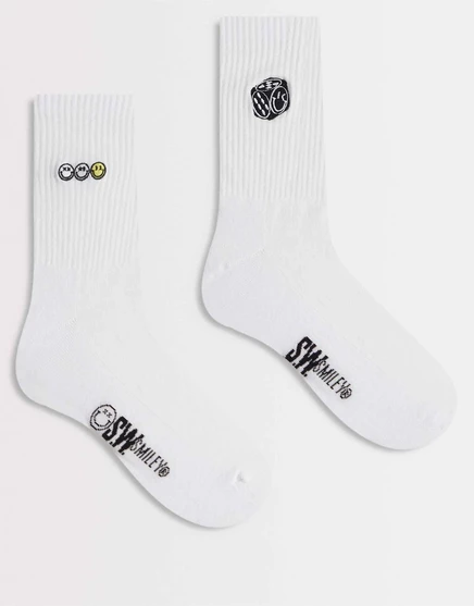 Мужские носки ASOS Design 2 пары с принтом смайлов, белые