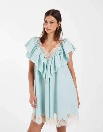 Женское мини-платье ASOS Design с рюшей и кружевом, синий