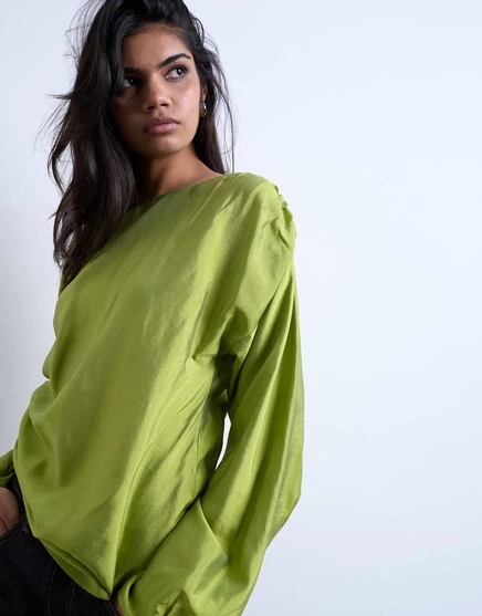 Зеленый топ с длинными рукавами и рюшами по бокам от Topshop jade green