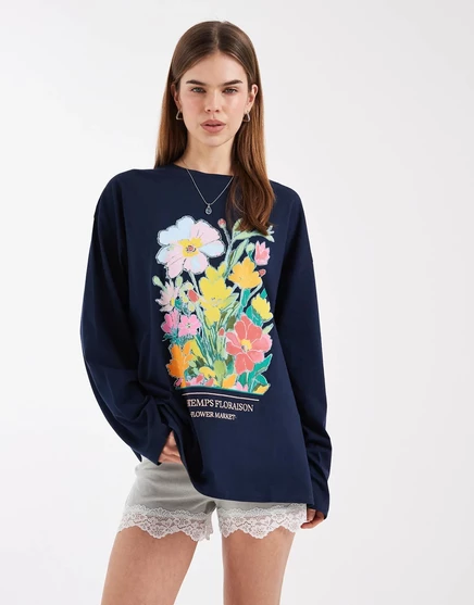 Дизайнерская футболка ASOS с длинным рукавом и цветочным рисунком темно-синего цвета