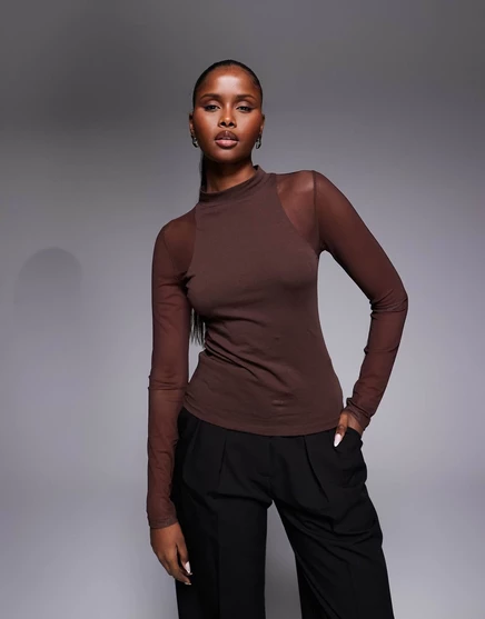 ДИЗАЙНЕРСКИЙ сетчатый топ ASOS с длинными рукавами в стиле гонщика шоколадного цвета chocolate