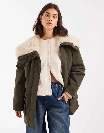 Парка средней длины с воротником борг от ASOS DESIGN цвета хаки khaki