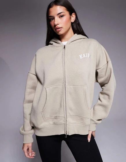 Толстовка на молнии с богатым вышитым логотипом Kaiia cotton rich из камня