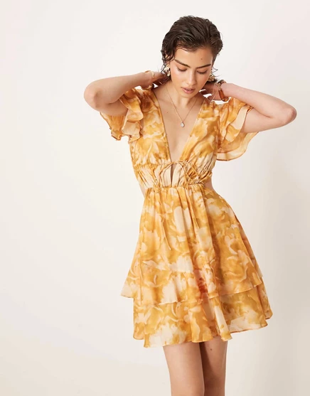 Мини-платье ASOS DESIGN с v-образным вырезом и рукавами-ангелочками и цветочным принтом floral print