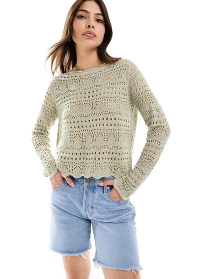 Топ с длинным рукавом broderie от JDY с вырезом лодочкой цвета шалфея light green