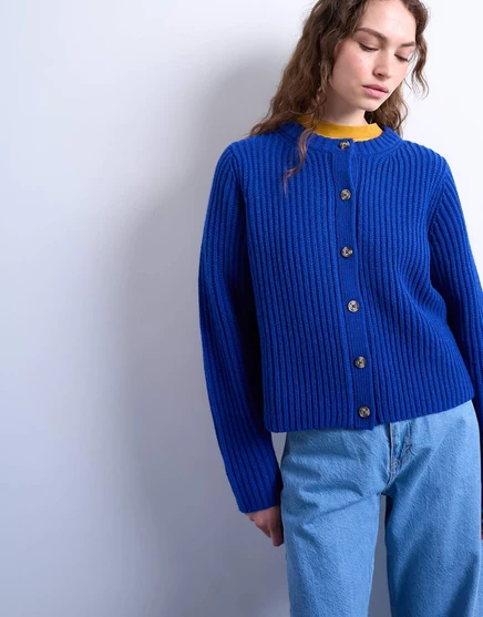 Вязаный кардиган Topshop в рубчик с округлым вырезом и непринужденными пуговицами синего цвета blue