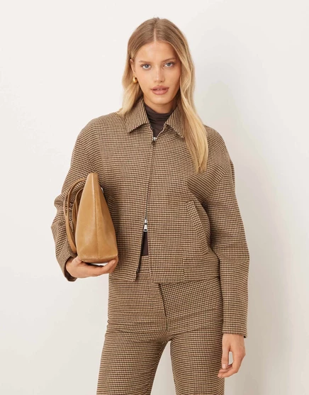 Куртка на молнии из шерстяной смеси Mango Gina в коричневую клетку - часть комплекта brown