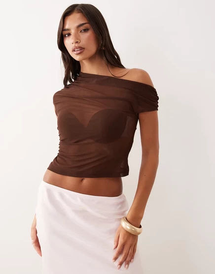 Женский топ ASOS Design на одно плечо из сетки, шоколадный
