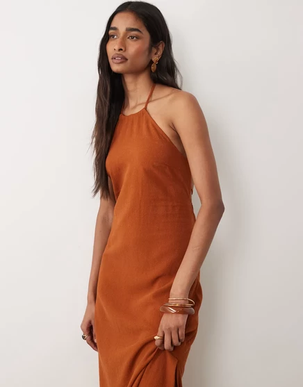 Женское макси-платье Miss Selfridge на завязках из льняной смеси, терракотовое