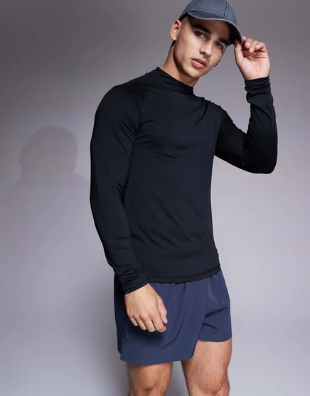 Базовый слой для тренировки мышц ASOS 4505 Icon training с длинным рукавом и имитацией шеи черного цвета black