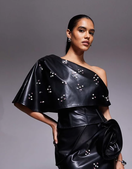 Роскошный корсетный топ ASOS из искусственной кожи черного цвета с украшениями и оборками black